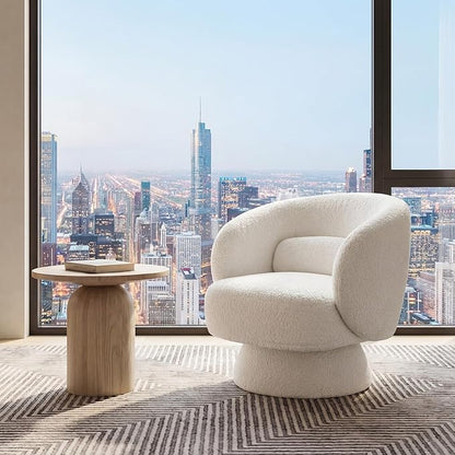Swivel Accent Chair, Modern 360 Degree Swivel Barrel Chair with Arms & Curved Back and Lumbar Support Cushion, Comfy Round Single Boucle Sofa for Small Space, Living Room, Bedroom, White