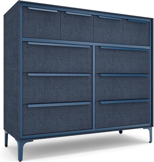 Naima Premium Fabric Dresser - Strong Metal Frame, 10 Spacious Sag-Proof Drawers with Sleek Metal Handles - Premium & Durable Storage Solution for Your Home (Navy)