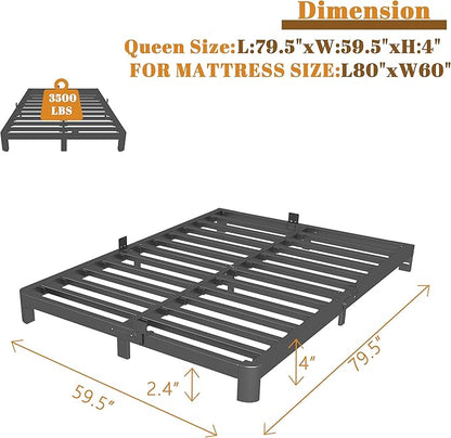 Queen Bed Frame 4 Inch Black, Metal Platform Bed Frame Queen Size with Baffles, No Box Spring Needed, Heavy Duty Steel Support, Rounded Corner Design, Reserved Holes, Noise Free, Easy Assembly