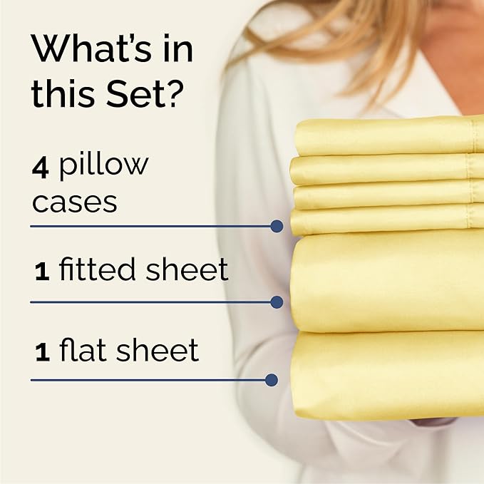 Queen 6 Piece Sheet Set - Cooling, Comfy & Breathable - Hotel Luxury Bedding, Includes Fitted Sheet for Women, Men, Kids and Teens - 1 Flat, 1 Fitted Sheet, 4 Pillowcases with Deep Pockets - Yellow