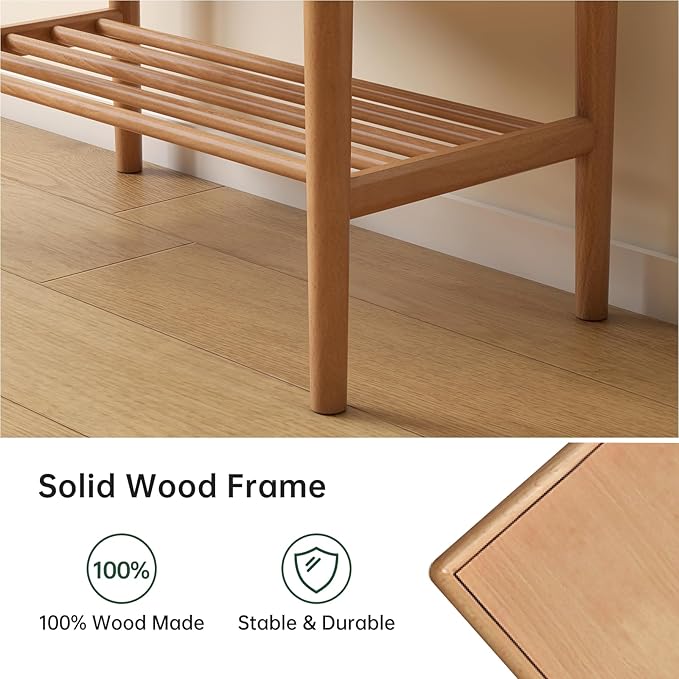 Solid Wood Shoe Bench, Shoe Rack Bench Assembled with Silicone Leather Cushion for Entryway, Hallway, Bedroom, Living Room, 11.8" x 23.6" x 16.5", Beech Wood, Natural