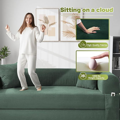 80" Convertible Sofa Bed,Corduroy Folding Sleeper Sofa Bed Queen with Pillows & Storage,Modular Pull Out Couches Boneless Couch for Living Room,Compressed Couch in a Box,Light Green