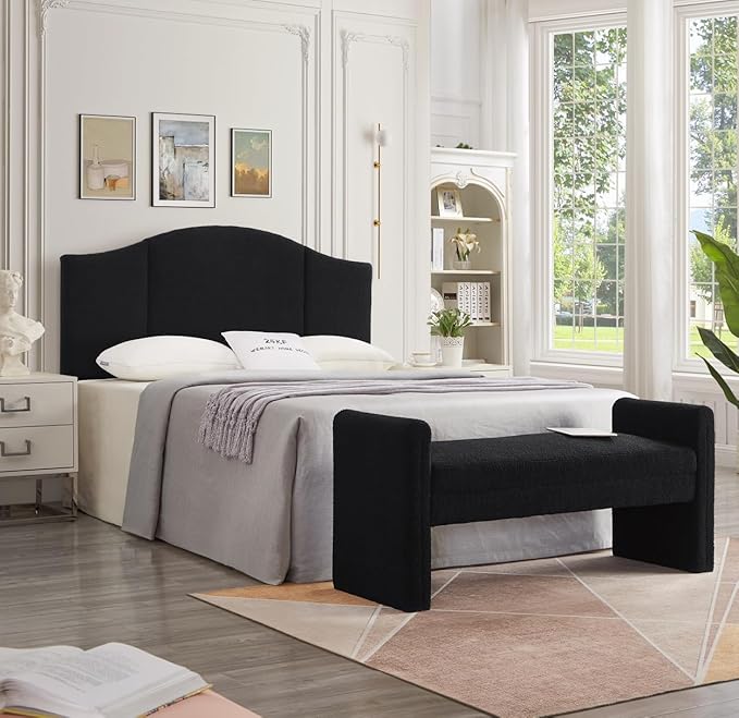 24KF Modern Upholstered Bed Bench Covered with Soft Boucle Teddy Fabric, Lovely Entryway Bench Ottoman with Armrest, 5062-Black