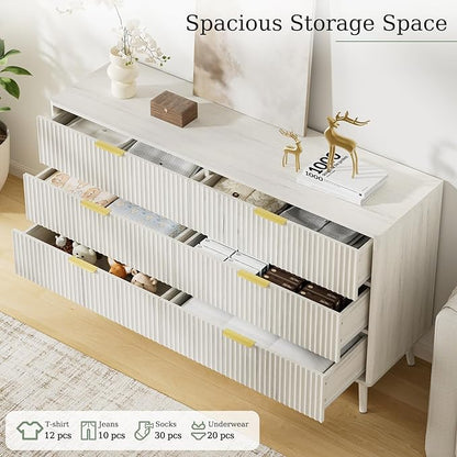 LYNSOM 55" Wide Fluted Dresser for Bedroom with 6 Drawer, Modern Chest of Drawers with Curved Profile Design and Metal Handles, Wood Dresser TV Stand & Storage Organizer for Living Room, White