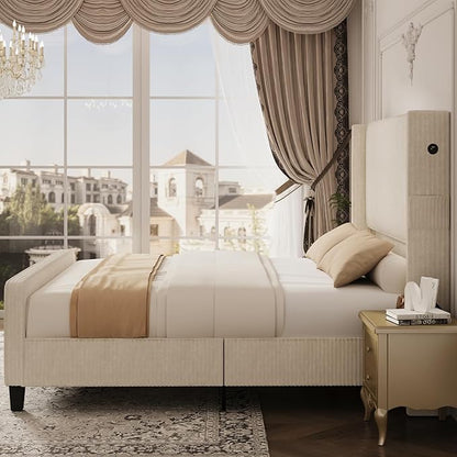 King Size Bed Frame and Headboard, Upholstered King Bed Frame with Tall Wingback Headboard & Footboard, USB Ports, Easy Assembly, Beige