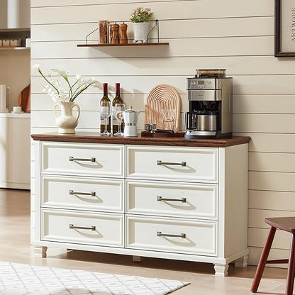 Farmhouse White 6 Drawer Dresser for Bedroom, 54 inch Wide Vintage Large Chest of Drawers with Square Wood Legs, Rustic TV Console for Living Room, Wooden Storage Closet Dressers for Home