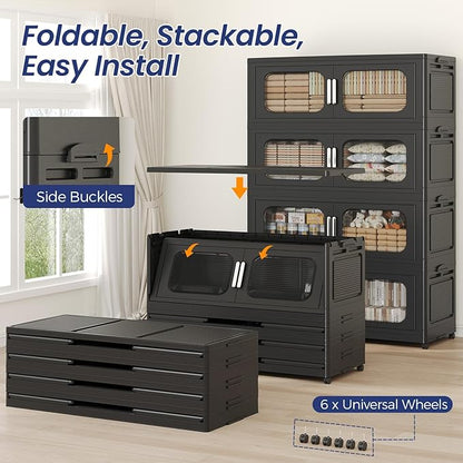 200GAL Extra Large Storage Bins with Lid, 800QT Storage Bins with Wheels, Folding Closet Organizer, Stackable Collapsible Plastic Storage Containers for Home, Office, Kitchen, 4Pack Black