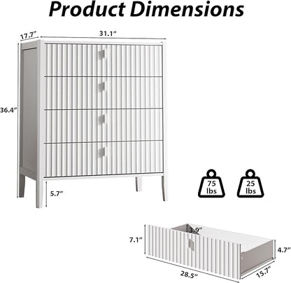 White 4 Drawer Dresser, Modern Chest of Drawers for Bedroom, Wood Fluted Dresser Organizer with Deep Drawers for Clothes, Nightstand for Bedroom, Hallway, Living Room, Entryway