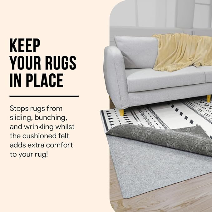Non Slip Rug Pad 4x6 Feet, 4/25" Thick Felt Cushioned Rubber Rug Gripper Pad for Hardwood, Laminate, Stone, Tile, Wood, Vinyl Floors & Carpet, Anti Skid Under Area Rug Pads