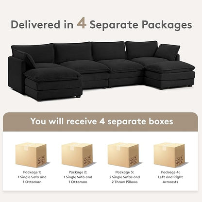 ROWHY 148'' Sectional Cloud Couch with 2 Ottomans, Oversized 4 Seat Sleeper Sofa with 2 Throw Pillows, Convertible Upholstered U Shaped Cozy Sofa Furniture Set for Living Room and Office, Black