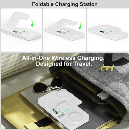 Dual Phone Magnetic Wireless Charging Station for Apple Devices/Apple Ecosystem,with Auto-Switch 7-Color Light & Clock, Compatible with iPhone 17/16/15, for iWatch 11/10/9 & AirPods Pro3（White