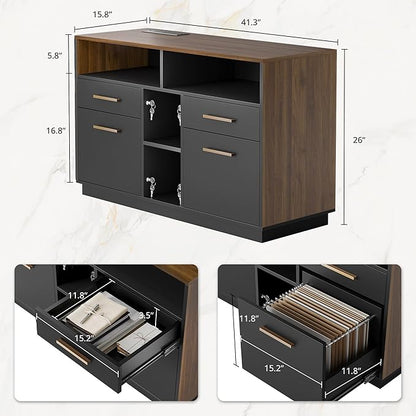 4 Drawer File Cabinet, Wood Filing Cabinet for Home Office with Lock, Power Strip, Storage Shelves, Home Office Lateral File Storage Fits Legal/Letter Size, Black Walnut