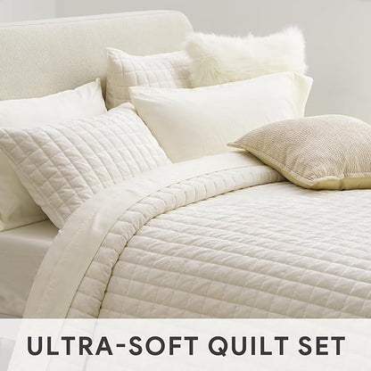 RECYCO Luxury Velvet Quilt Set Twin/Twin XL Size, Lightweight Velvet Comforter Set, Oversized Bedspread Coverlet Quilted Bedding Set, with 1 Matching Pillow Sham, for All Season, Cream White
