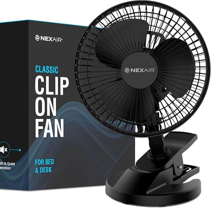 NEXAIR 6-Inch Portable Desk or Clip-on Fan with Two Quiet Speeds - Small Personal Cooling Fan for Desk, Home, Bedroom and Office, 180° Adjustable Tilt up- down 360° Rotation, Strong wide Clamp Grip