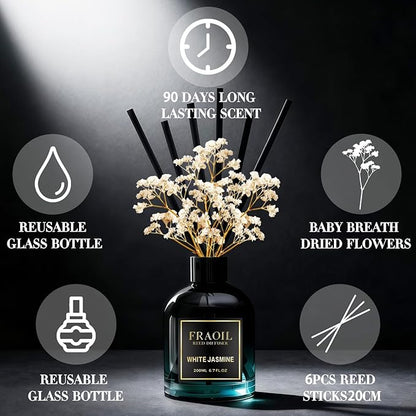 White Jasmine Reed Diffuser, Reed Diffuser Set 6.7 fl oz (200 ml) with 6 Reed Sticks, Home Fragrance Reed Diffuser for Bathroom Shelf House Bedroom Office Decor