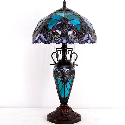 WERFACTORY Tiffany Style Table Lamp Green Stained Glass Liaison Lamp 12X12X22 Inches Mother-Daughter Vase Desk Reading Light Decor Bedroom Living Room Home Office S160G Series