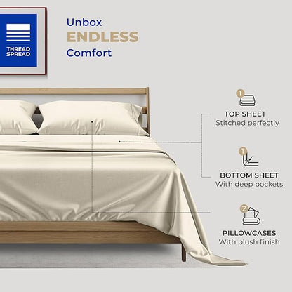 THREAD SPREAD 100% Cotton Bed Sheets Queen Sheet Set - 400 Thread Count Sheets Queen Size 4 PC Set (Ivory), Soft, Cooling, Hotel-Quality 16" Deep Pocket Sateen Cotton Bedsheet for Hot Sleepers