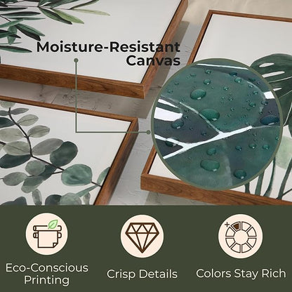 Sage Green Boho Framed Wall Art,16x24x1.38in 3Pcs, Neutral Botanical Canvas Prints, Monstera, Eucalyptus & Olive Leaf Decor, Floating Frames Included, Minimalist Art for Living Room, Bedroom