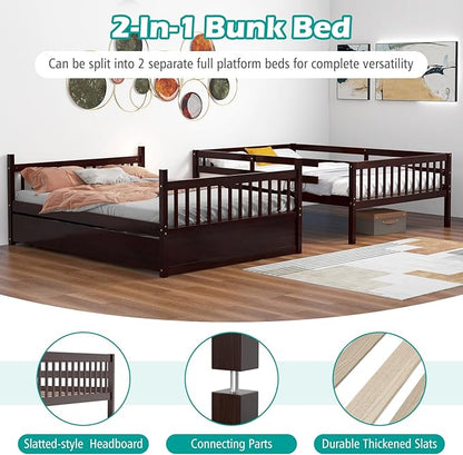 Giantex Full Over Full Bunk Bed with Trundle, Solid Wood Trundle Bed Frame w/Guardrails and Ladder, Convertible to 2 Beds, Full Size Bunk Beds for Adults Kids Teens, No Box Spring Needed,Espresso