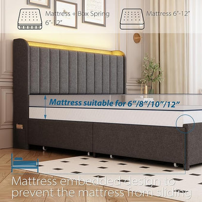Queen Bed Frame with 4 Drawers and Storage Headboard, Upholstered Platform Bed Frame Queen Size with Led Lights and Handy Charging Station, No Box Spring Needed, Easy Assembly, Noise Free, Gray