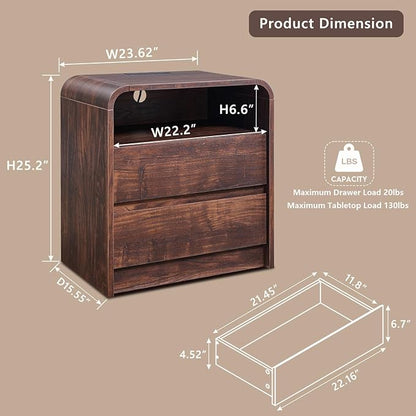 25" Tall Modern Nightstand Set of 2, 23.6'' Wide Wood Bedside Table w/2 Storage Drawers, Charging Station,Mid Century End Table for Bedroom, Living Room, Curved Profile Design, Brown