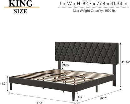 King Size Bed Frame with Diamond Tufted Headboard, Linen Upholstered Platform Bed and Wooden Slat Support, Noise-Free, No Box Spring Needed, Easy Assembly, Dark Grey