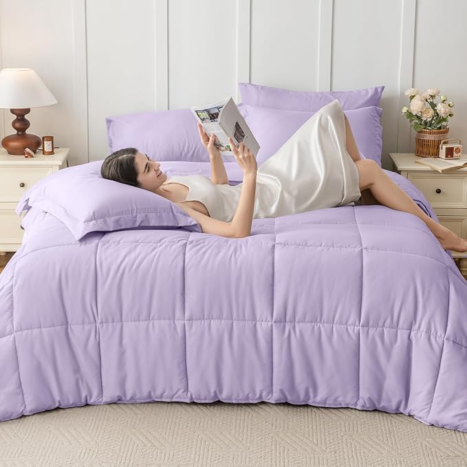 JOLLYVOGUE California King Comforter Set, Ultra-Soft Bed in a Bag Cal King Size 7 Pieces, Oeko-TEX Certified Bedding Set with Down Alternative Comforter, Sheets, Pillowcases & Shams, Lavender