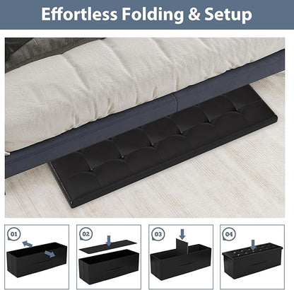 Giantex 43 Inches Folding Storage Ottoman Bench, Upholstered PU Leather Storage Chest with Side Pocket, Padded Seat, End of Bed Bench, Collapsible Ottoman Foot Rest for Living Room, Bedroom & Entryway