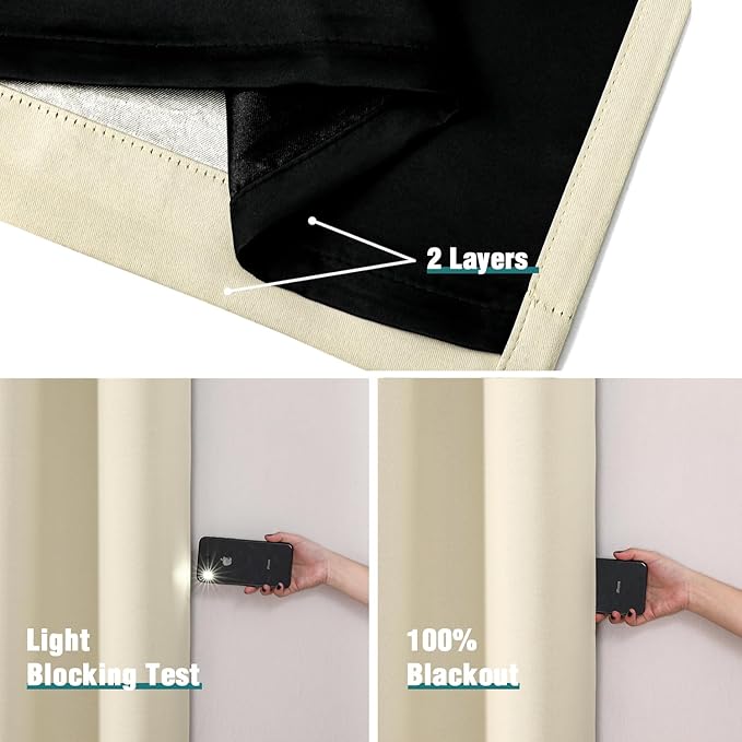 ChrisDowa 100% Blackout Curtains 63 inch Long for Bedroom with Black Liner, 2 Thick Layers Total Blackout Thermal Insulated Grommet Window Curtains 2 Panels Set (Light Beige, 38 x 63 Inch)