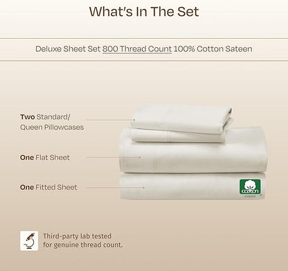 California Design Den Luxury Queen Sheets Set - Buttery Soft 800 Thread Count Sateen, 100% Cotton Bed Sheets Set with Deep Pockets, Durable Bedding - Ivory (Cream Tone)
