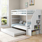KOTEK Twin Over Twin Bunk Bed with Trundle and Stairs, Solid Wood Bunk Bed Frame with Storage Shelf, Bunk Beds Detachable into 2 Platform Beds for Kids Teens Adults (White)