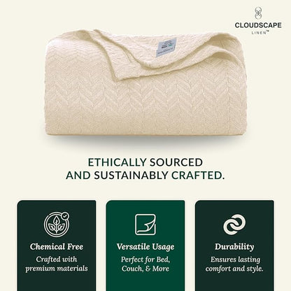 Cloud Scape Linen 100% Cotton Blanket King 92x108 Ivory - Cozy Herringbone Weave, Fits Up to Cal King Beds, Breathable Softness, All-Season Warmth, Heavy Layering Winter Blanket