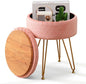 Cpintltr Foot Stool Velvet Storage Ottoman with Removable Lid Round Sofa Stools Foot Rest with Padded Seat Modern Style Makeup Stool Decorative Furniture Suitable for Lounge Dorm Room Blush