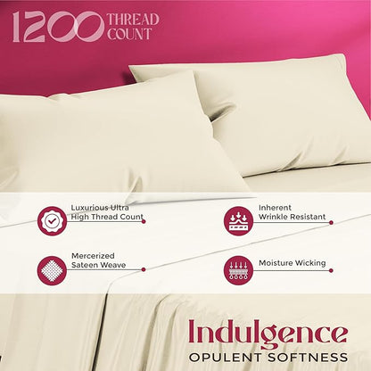 Mayfair Linen 100% Egyptian Cotton Queen Sheet Set - Luxury 1200 High Thread Count Egyptian Cotton Sheets Queen Size (4 PC, Ivory), Silky Soft, Cooling, 17" Deep Pocket Sateen Weave Hotel Bedding