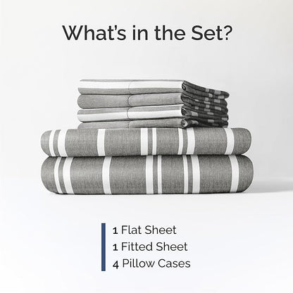 Queen 6 Piece Sheet Set - Cooling, Comfy & Breathable - Hotel Luxury Bedding, Includes Fitted Sheet for Women, Men, Kids & Teens - 1 Flat, 1 Fitted Sheet, 4 Pillowcases w/Deep Pockets - Grey Stripes