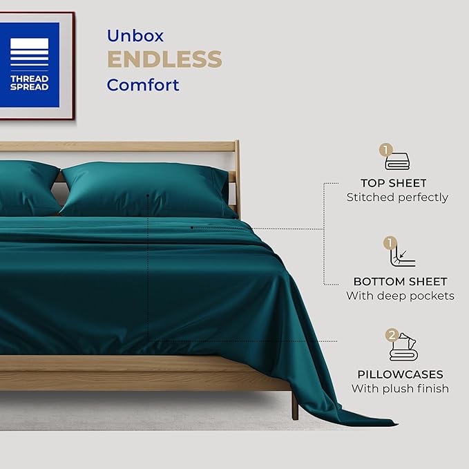 THREAD SPREAD 400 Thread Count California King Cotton Sheets - 4 PC Cal King Size Bed Sheet Set Cotton (Teal), Soft, Cooling, Sateen Weave Hotel-Quality 16" Deep Pocket Bedsheet for Hot Sleepers