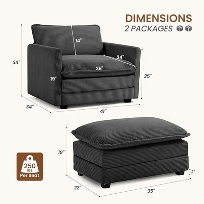 ROWHY Single Armchair with Ottoman, Modern Corduroy Cloud Couch with Convertible Chaise, Upholstered Sofa Set for Living Room and Office, Dark Grey