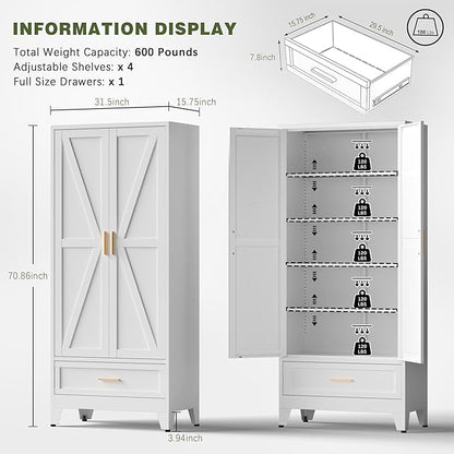 COFaR Metal Storage Cabinet, Farmhouse Storage Cabinet with 2 Doors and 4 Adjustable Shelves - 71" White Kitchen Pantry Storage 5-Tier Tall Steel Cabinets Locker for Kitchen, Living Room, Dining Room