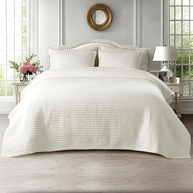 KASENTEX Queen XL Quilt Set 98"x98" – Soft Washed 3-Layer Lightweight Bedspread, Minimalist Nordic Design, All-Season Spring & Summer Quilt Set (1 Quilt + 2 Pillow Shams),Cream White