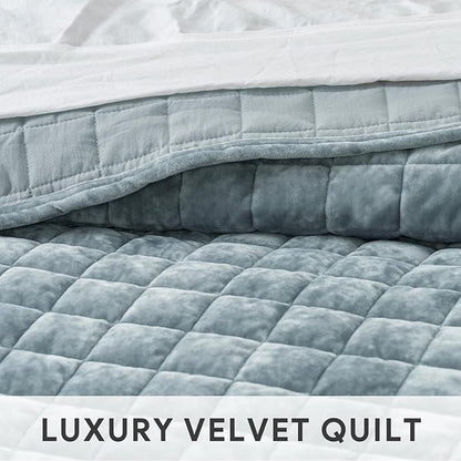 RECYCO Luxury Velvet Quilt Set Full Queen Size Bedding Sets, Ultra Soft Velvet Comforter Set, Lightweight Channel Box Stitch Oversized Bedspread Coverlet for All Season, with 2 Shams, Blue Linen