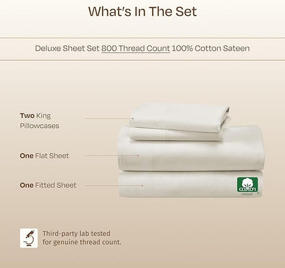 California Design Den Luxury King Bed Sheets Set - Buttery Soft 800 Thread Count Sateen, 100% Cotton Bed Sheets Set - Deep Pockets, Durable Bedding - Ivory (Cream Tone)