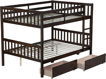 Full Over Full Bunk Bed with Storage Drawers,Convertible Bunk Beds with Ladder & Safety Guardrails,Full Size Bunk Beds for Kids Girls Boys,Espresso