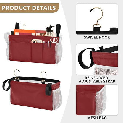 KOPIRIT Navy Red Bedside Caddy Storage Bag Bedside Organizer for College Dorm Top Bunk Bed Hanging Storage Organizer 6 Pockets with Hooks for Drinks Magazine Phone Holder