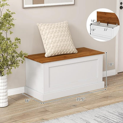 LOKO 35.5” Storage Chest, Lift Top Storage Box with Metal Hinges, Wooden Storage Bench with Safety Hydraulic Strut, Large Farmhouse Storage Trunk for Living Room, Bedroom, Entryway (White & Walnut)