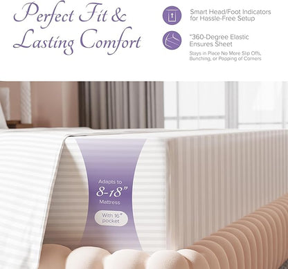 Carressa Linen Luxury Egyptian Cotton Twin Stripe Sheet Set - 600 Thread Count Extra Long Staple 3 PC Set, Crisp White Twin Damask Sheets, Soft, Cooling Sateen Weave Sheets Upto 18 in Deep Pocket