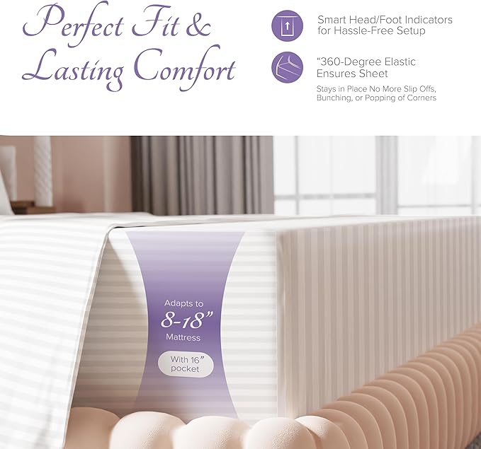 Carressa Linen Luxury Egyptian Cotton Full Stripe Sheet Set - 600 Thread Count Extra Long Staple 4 PC Set, Crisp White Full Damask Sheets, Soft, Cooling Sateen Weave Sheets Upto 18 in Deep Pocket