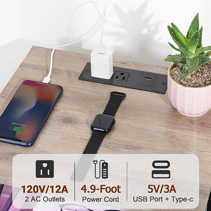 AMHANCIBLE Night Stand Set 2, LED Nightstand with Charging Station, End Tables Living Room with Fabric Drawers, Bed Side Table for Bedroom, Greige, HET052LGY