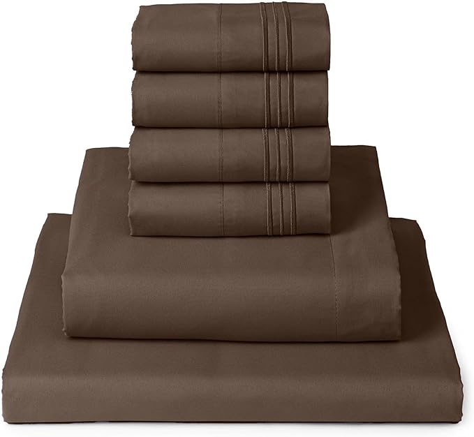 Mellanni California King Sheet Set - 6-Piece Iconic Collection Bedding, (Including 4 Pillowcases), 16-Inch Deep Pocket, Easy Care, Extra Soft, Cooling Sheets, Brushed Microfiber - Brown