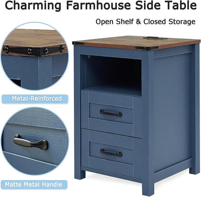 Puntogen Blue Night Stand, Rustic End Table with Charging Station, Farmhouse Tall Nightstand for Bedroom, Drawer Dresser Bedside Table with Open Storage Shelf