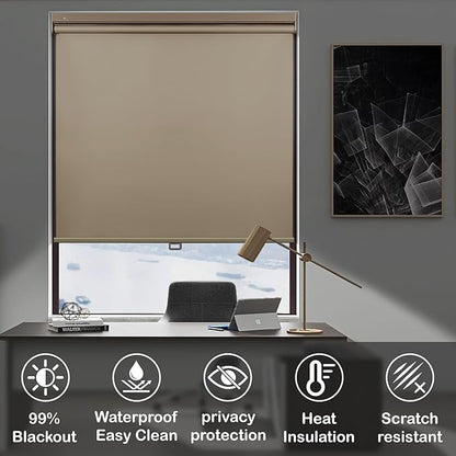 HESTIA No Drill Cordless Blackout Roller Shades Screwless Waterproof Shower Window Blinds, Auto-Retraction Easy Install Blind for Bathroom/Kitchen/Office/Exterior, Greige, 26.5" W x 72" H